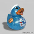 Blue glittery rubber duck with a basketball and 76ers logo on a white background