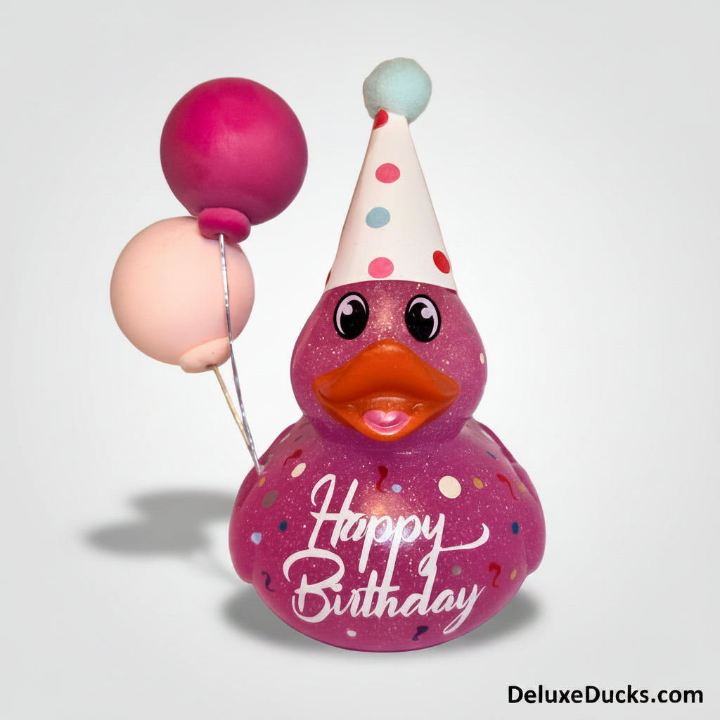 Pink duck-shaped birthday card with 'Happy Birthday' text on a beige background