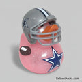 Pink rubber duck with a football helmet and star design on a white background