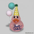 Pink rubber duck with balloons and 'Happy Birthday' text on a white background