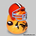 Rubber duck with football helmet and face mask on a white background