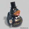 Decorative duck with a top hat and 'Happy New Year' text on a gray background