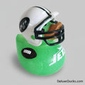 Green duck call with a football helmet attachment featuring 'Jets' branding on a white background.