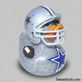 Decorative duck with a football helmet and football on a gray background