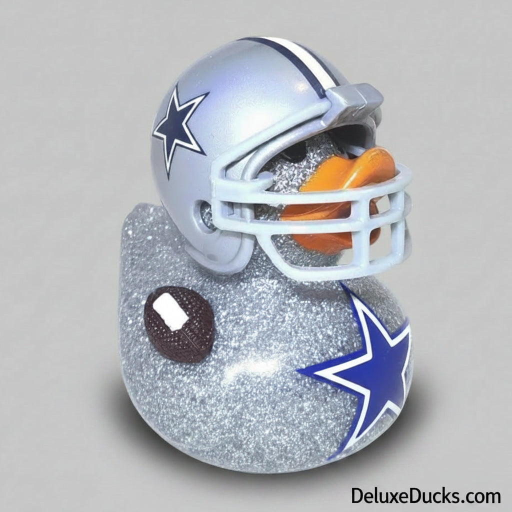 Decorative duck with a football helmet and football on a gray background