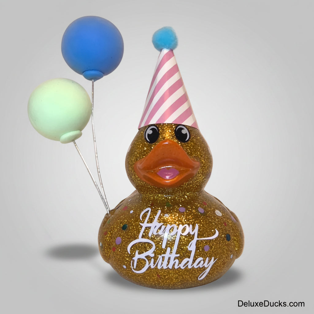 Decorative duck with a birthday hat and balloons on a light background