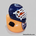 Hockey-themed rubber duck with blue helmet and orange body on a white background