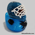 Blue glittery hockey helmet with a white cage on a white background