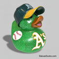 Green rubber duck with baseball cap and 'A's' logo on a white background