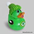 Green rubber duck with a green knitted hat and a logo on a white background