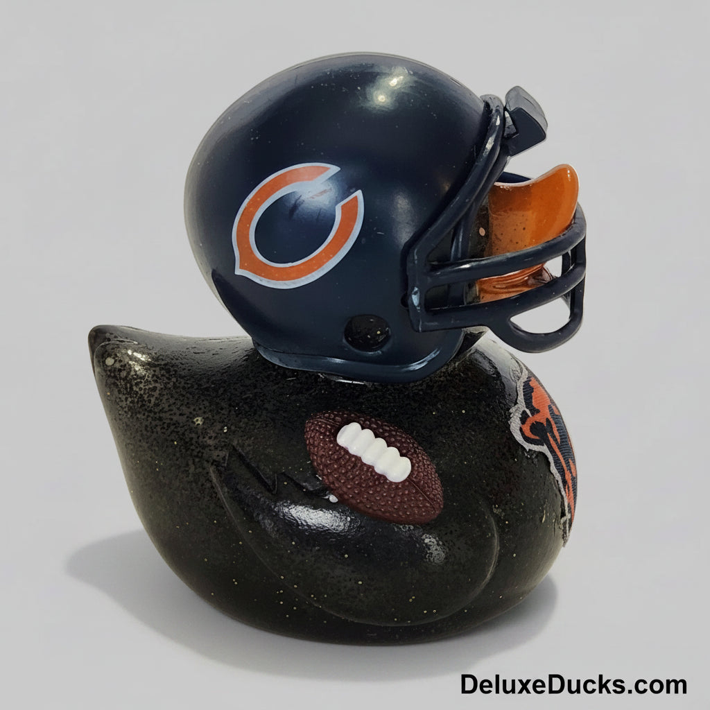 Rubber duck with Chicago Bears helmet and football design on a white background