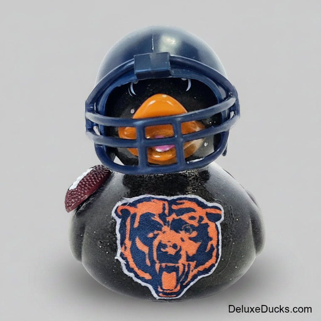 Rubber duck with a football helmet and Chicago Bears logo on a gray background