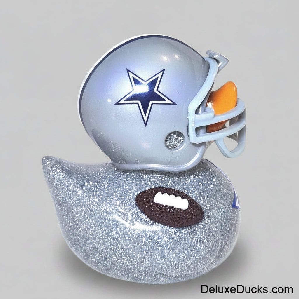 Rubber duck shaped like a Dallas Cowboys helmet on a white background