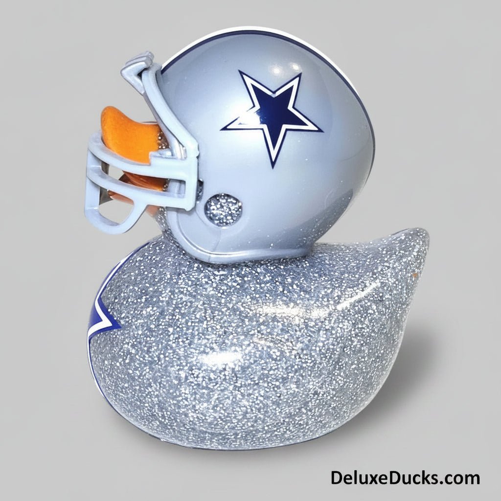 Rubber duck shaped like a football helmet with a star logo on a white background