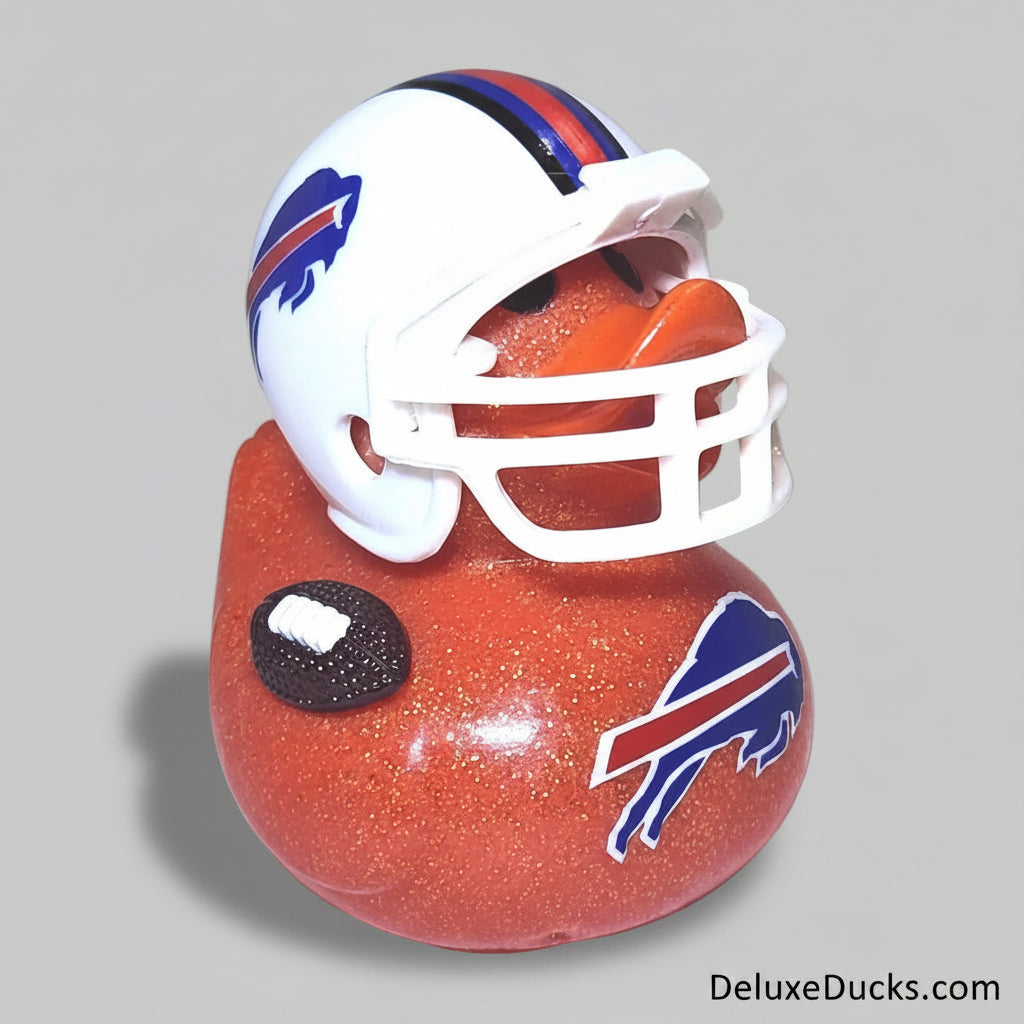 Buffalo Bills helmet and football on a gray background
