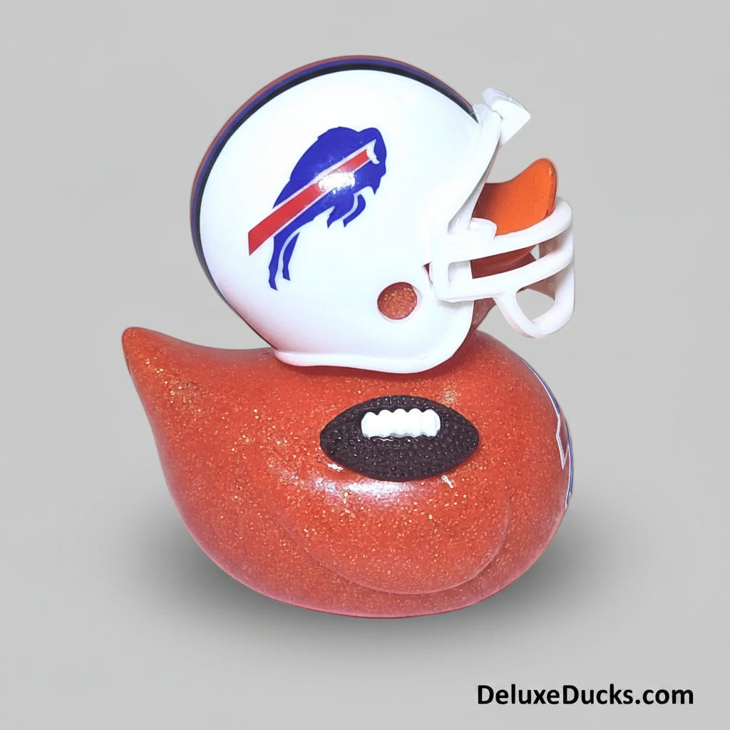 Rubber duck with a football helmet and orange body on a white background