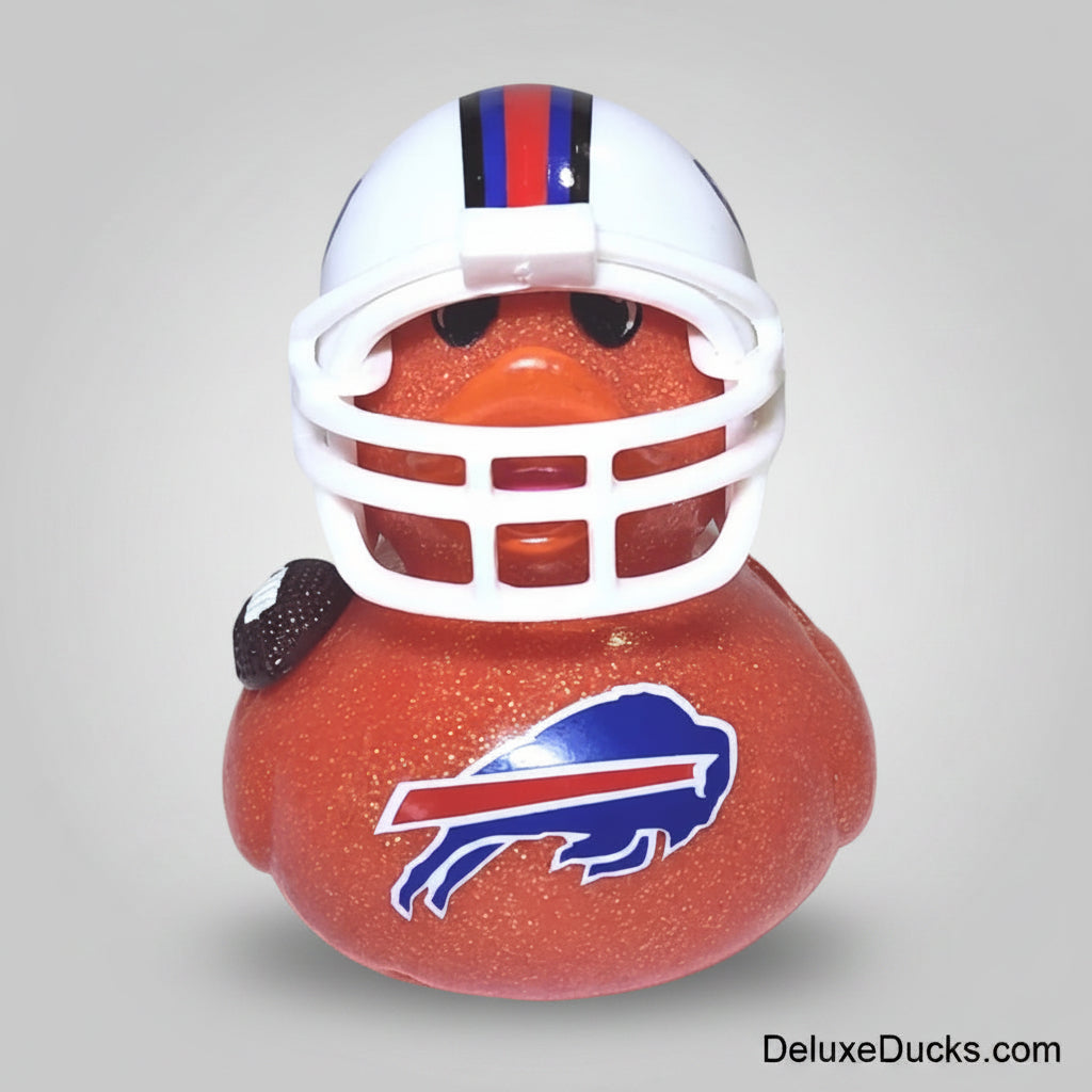 Rubber duck with football helmet and Buffalo Bills logo on a white background