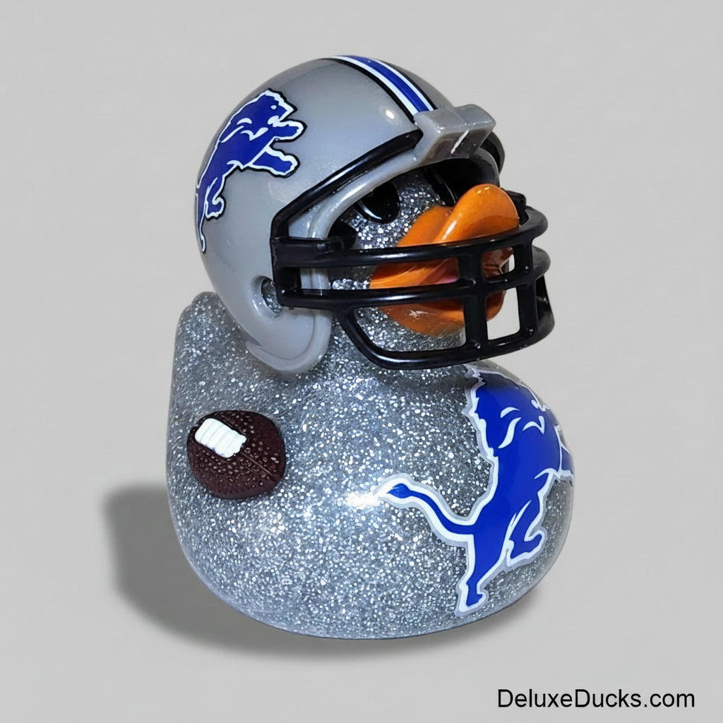 Rubber duck with football helmet and decorative elements on a gray background