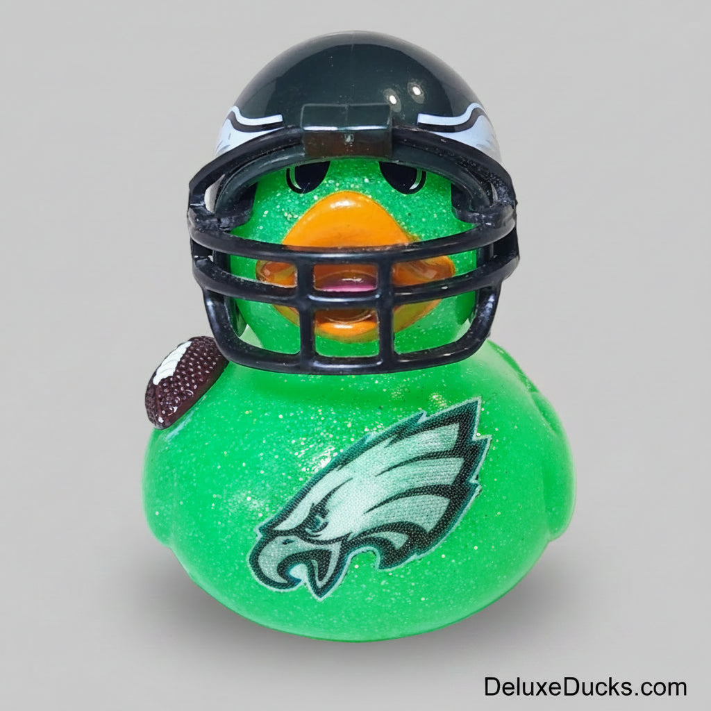 Green rubber duck with a football helmet and Philadelphia Eagles logo on a white background