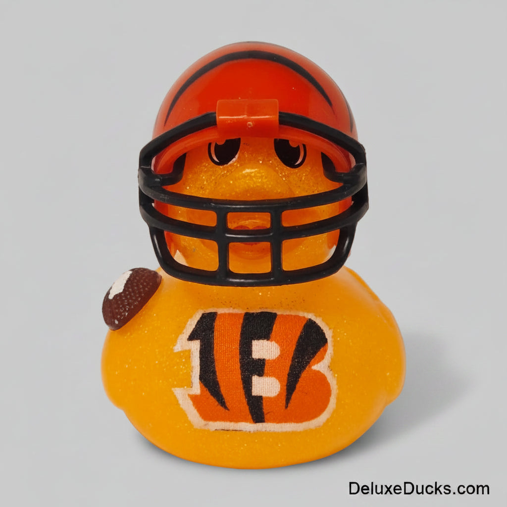 Orange duck with a football helmet and 'FB' logo on a gray background