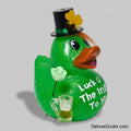 Green rubber duck with a top hat, rose, and 'Luck O' The Irish To You' text on a gray background