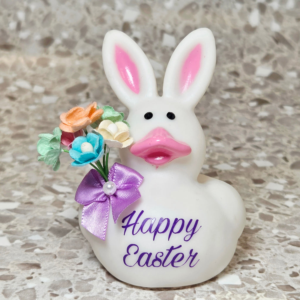 HAPPY EASTER Rubber Duck Gift White Bedazzled Easter Bunny Collectible Gift Ducks Cruise Dashboard