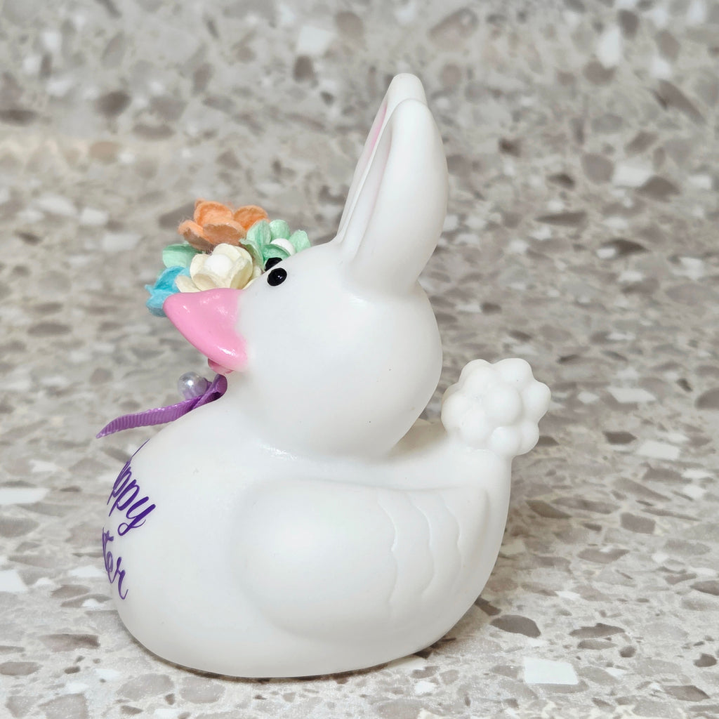 HAPPY EASTER Rubber Duck Gift White Bedazzled Easter Bunny Collectible Gift Ducks Cruise Dashboard