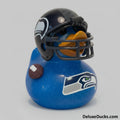 Blue rubber duck with football helmet and Seattle Seahawks logo on a gray background
