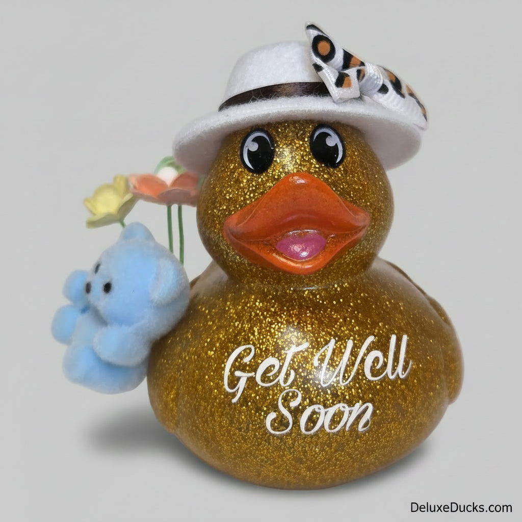 A glittery gold rubber duck figurine with 'Get Well Soon' written on its side, wearing a white hat with a butterfly accent and holding a small blue plush bear, set against a plain light background.