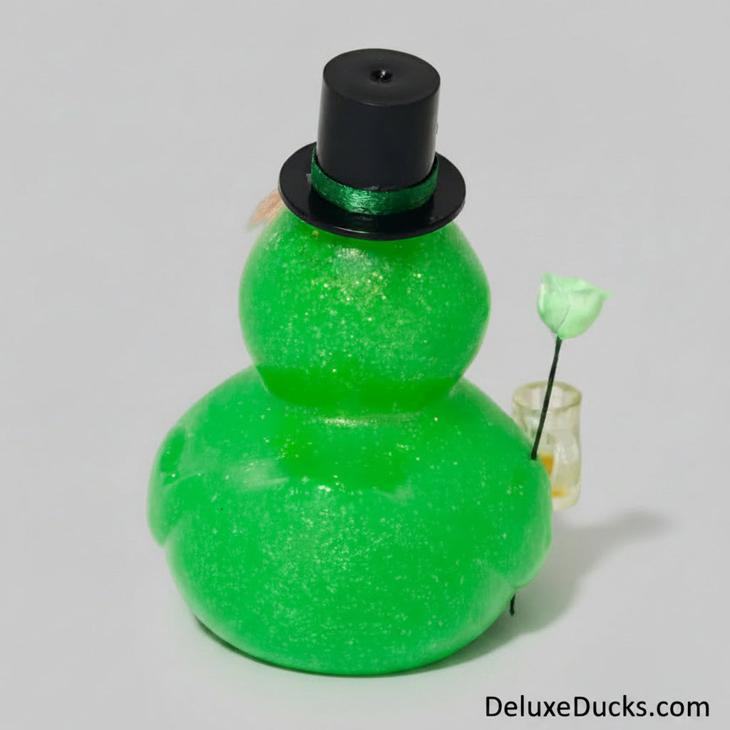 Green duck decoy with a black hat on a gray background