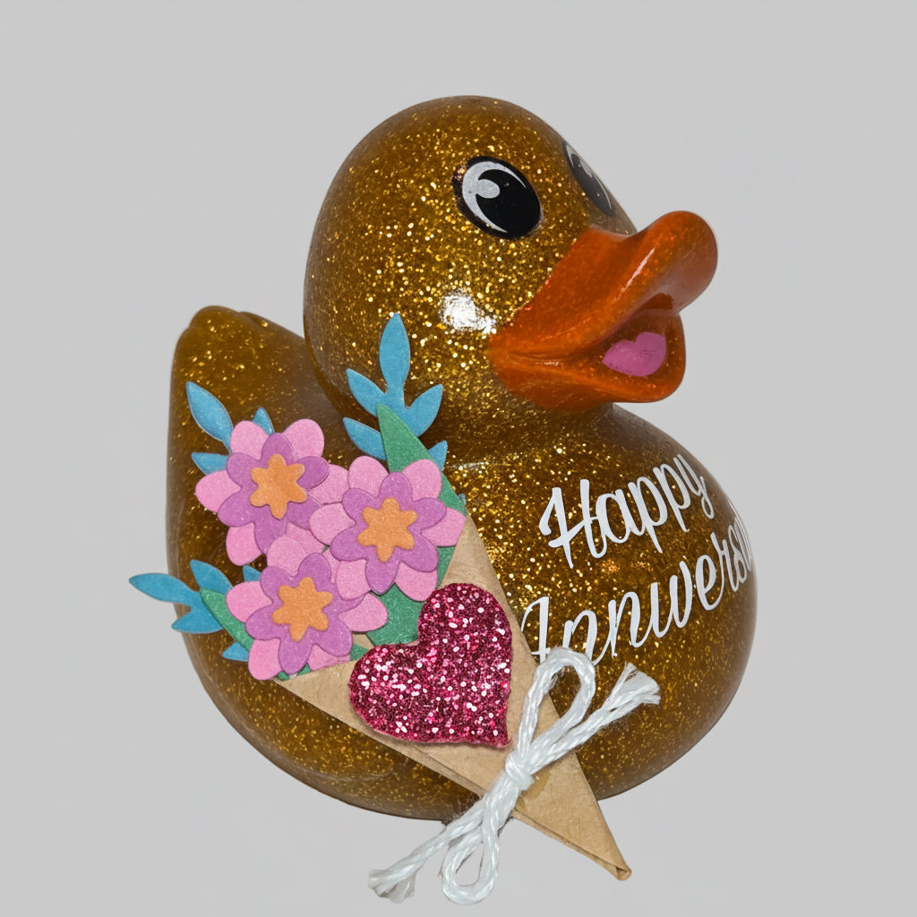 HAPPY ANNIVERSARY GOLD - Any Number Rubber Duck Gift Bedazzle Unique Cruise Dashboard Duck
