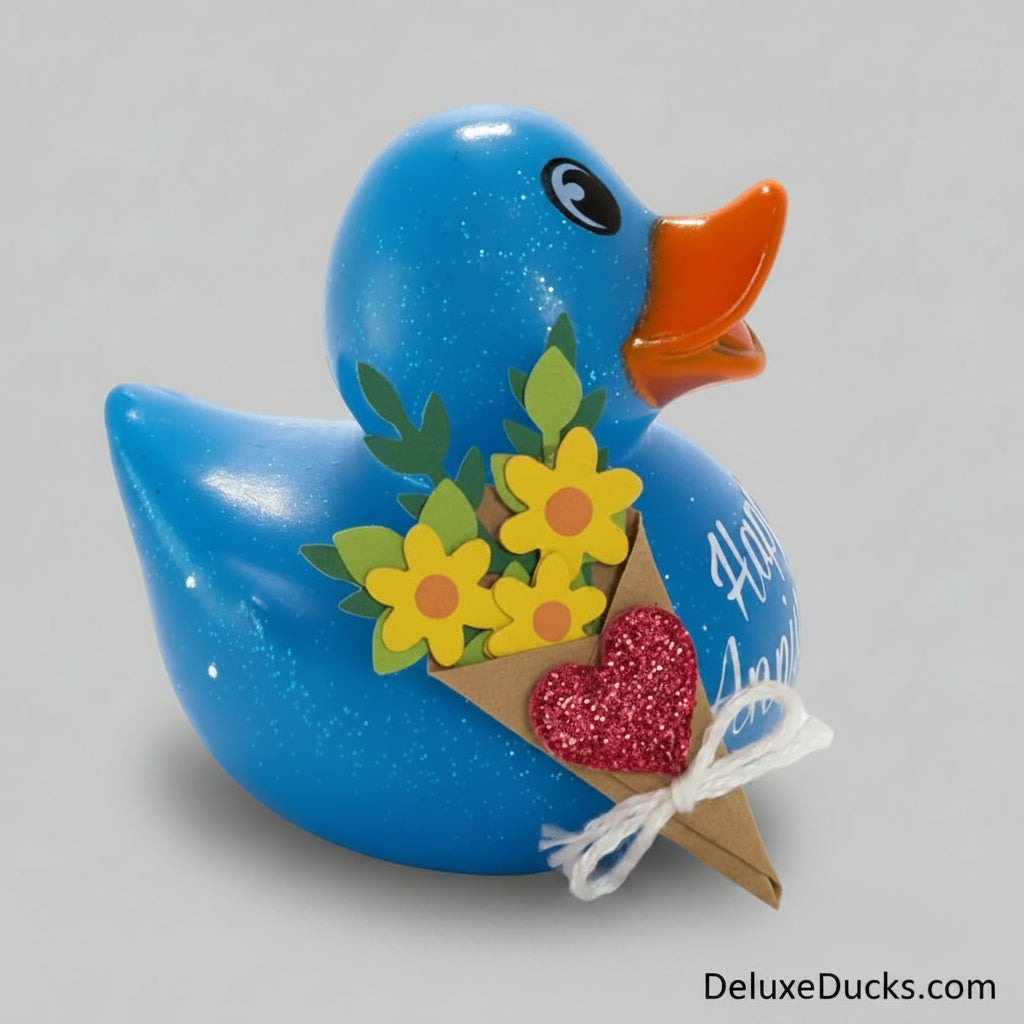 Blue decorative fish ornament with flowers and a heart on a white background