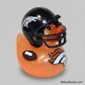 An orange glittery rubber duck with a black Denver Broncos football helmet and a brown football decoration, featuring the team's logo.