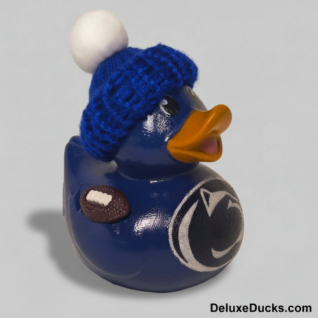 Blue rubber duck with a football and logo on a gray background