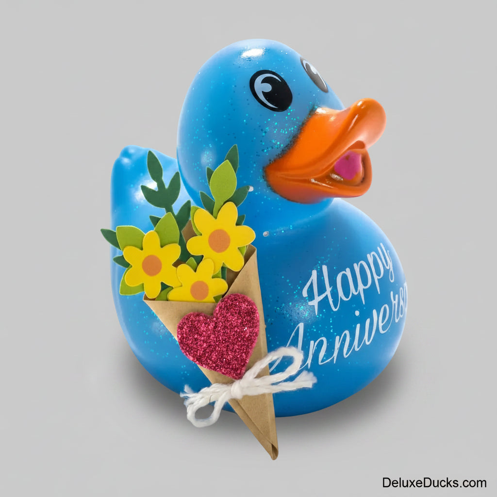 Blue rubber duck with 'Happy Anniversary' and floral design on a gray background