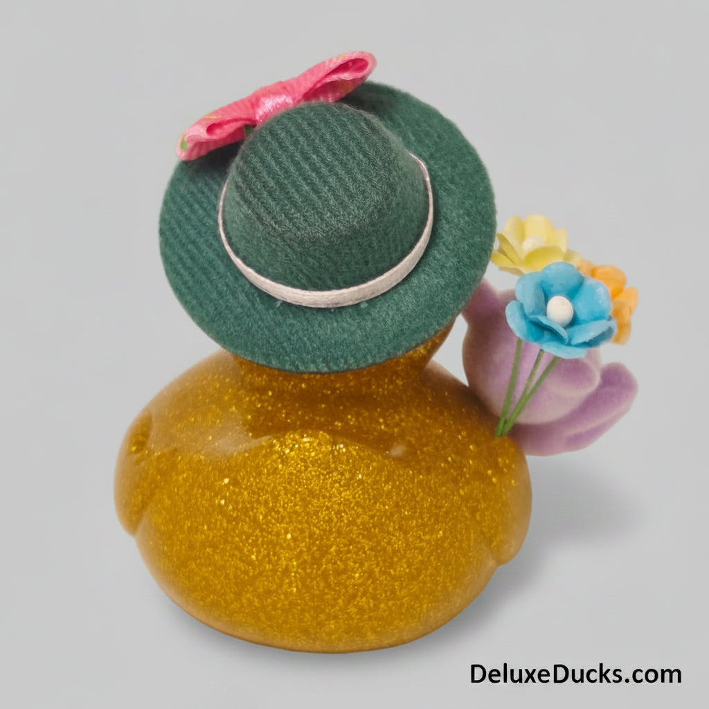 Decorative duck with a green hat and flowers on a gray background
