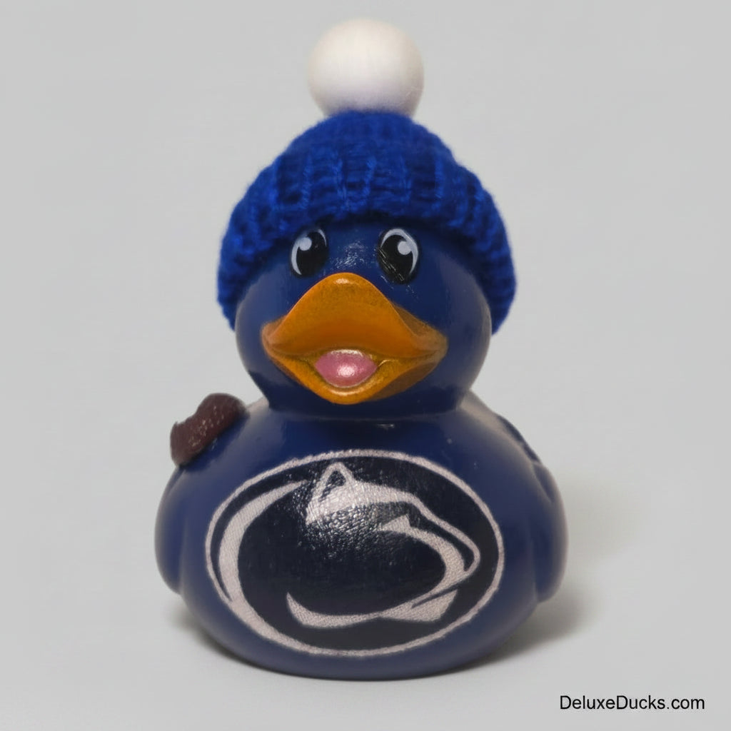 Rubber duck with a blue knit hat and logo on a gray background
