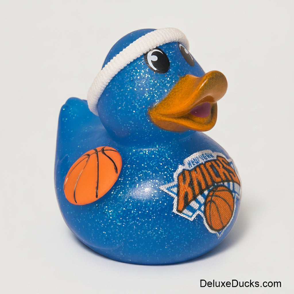Blue rubber duck with basketball design on a beige background