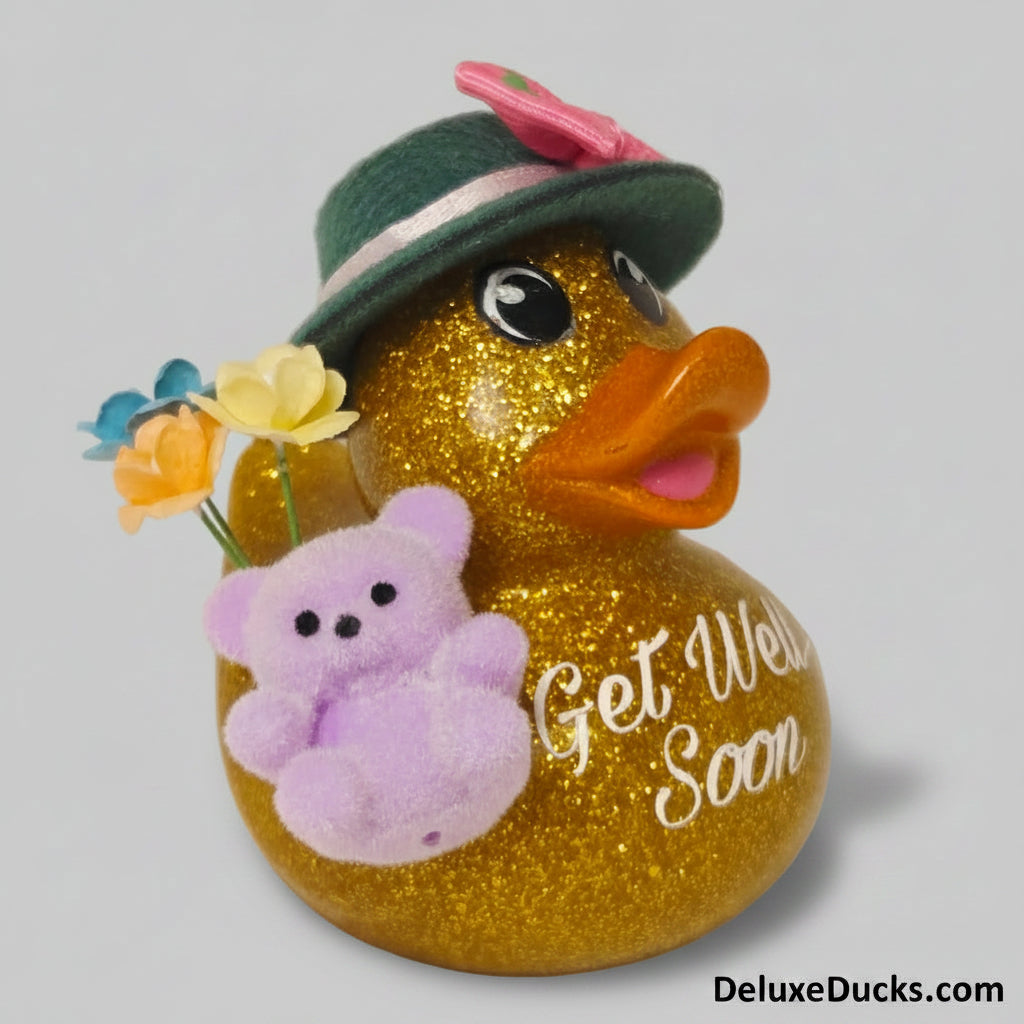 Decorative duck with a hat, flowers, and a teddy bear, featuring 'Get Well Soon' text on a gray background.