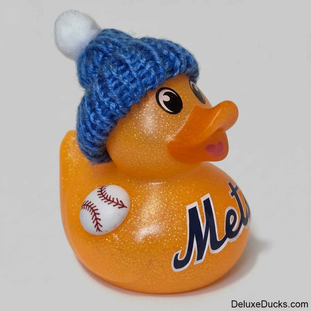 An orange glittery rubber duck with a blue knit beanie hat and a white baseball patch, featuring the Mets logo on its side, set against a plain light background.