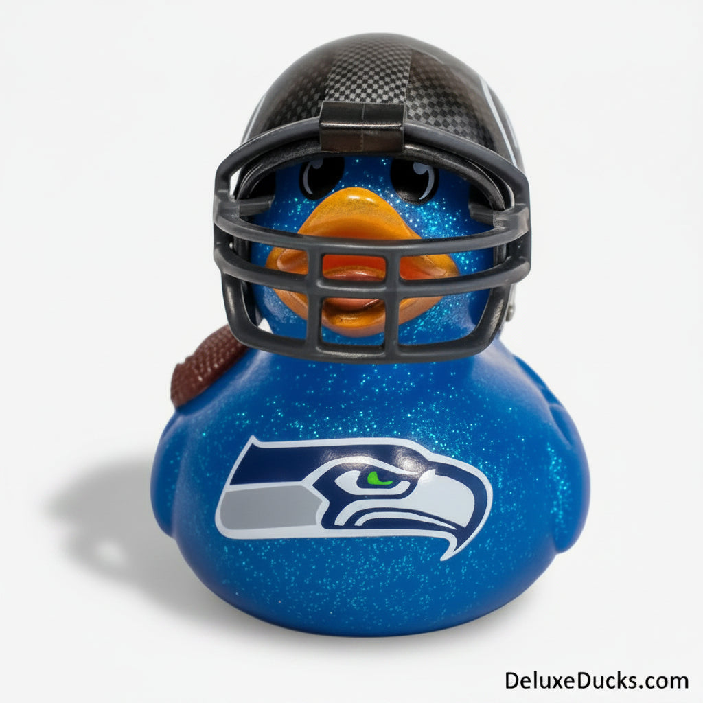 Blue rubber duck with a football helmet and Seattle Seahawks logo on a marble surface