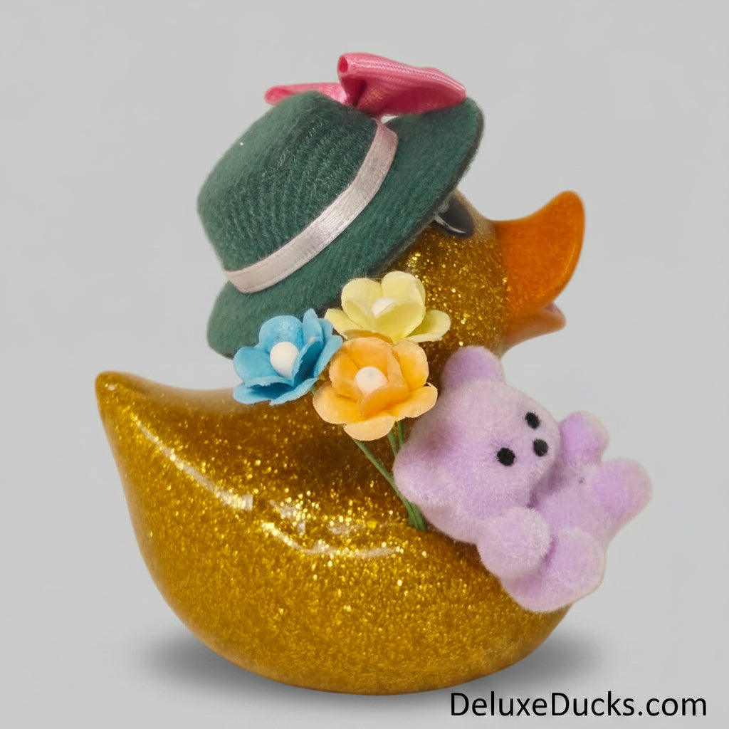 Decorative duck with a hat, flowers, and a teddy bear on a gray background
