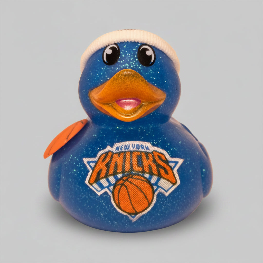 Blue rubber duck with New York Knicks logo on a beige background