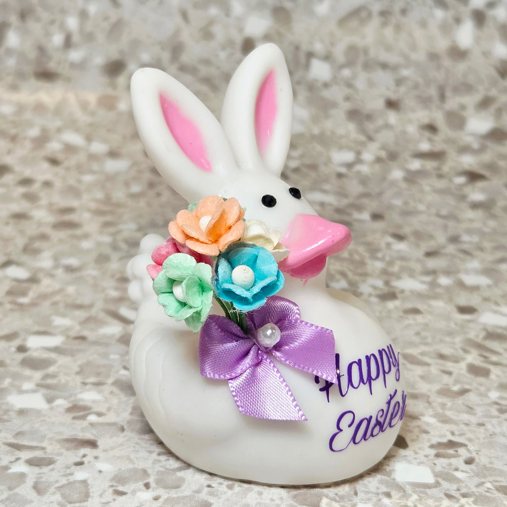 HAPPY EASTER Rubber Duck Gift White Bedazzled Easter Bunny Collectible Gift Ducks Cruise Dashboard