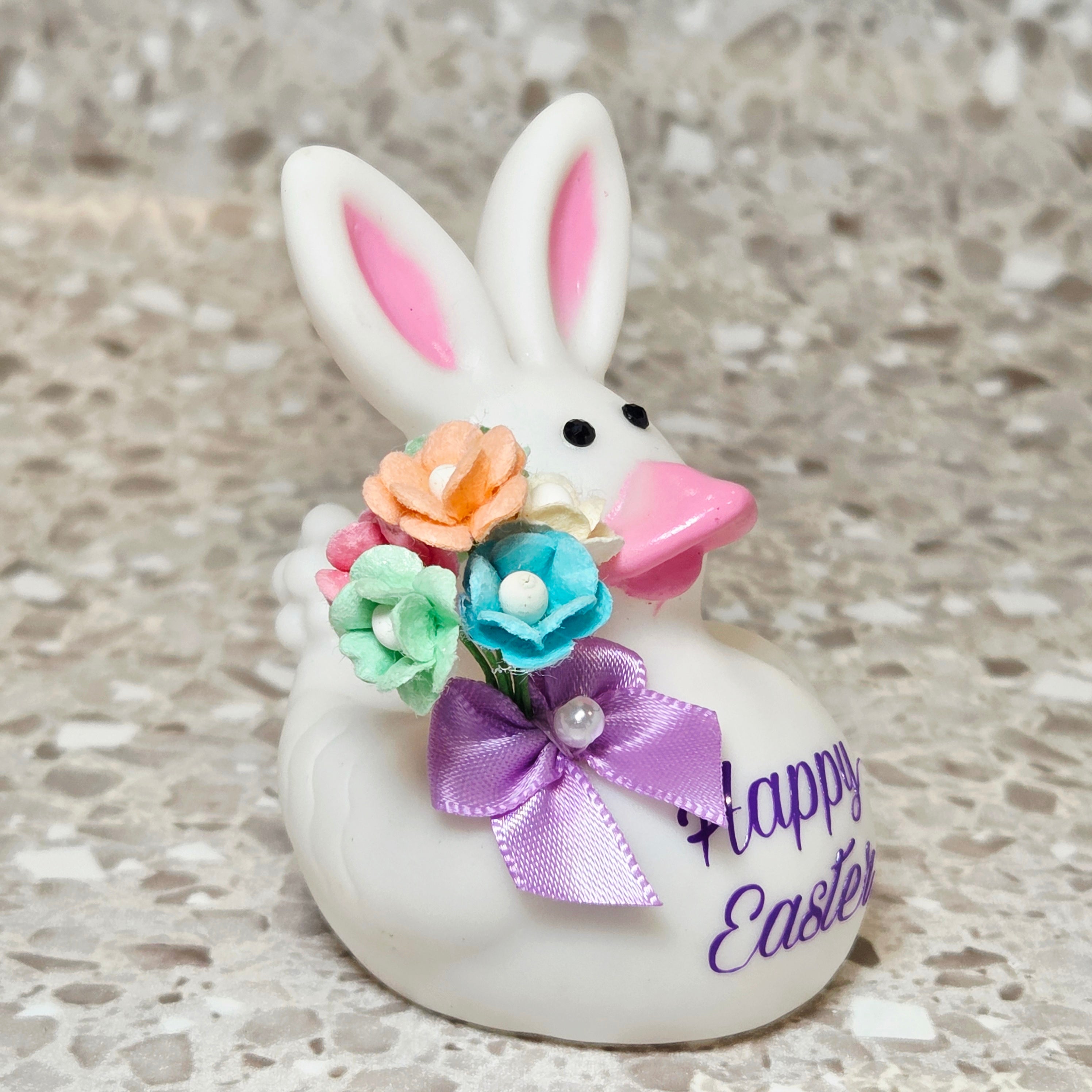 HAPPY EASTER Rubber Duck Gift White Bedazzled Easter Bunny Collectible Gift Ducks Cruise Dashboard