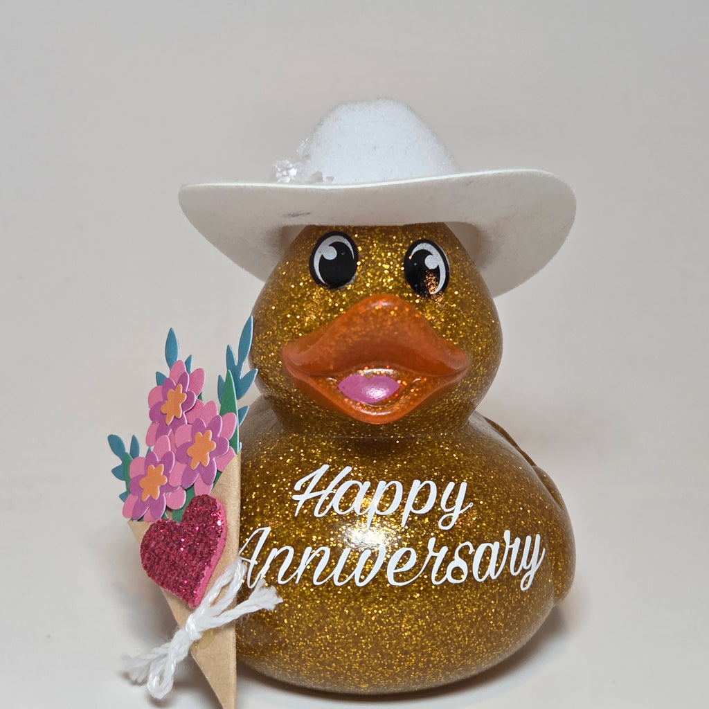 HAPPY ANNIVERSARY GOLD - Any Number Rubber Duck Gift Bedazzle Unique Cruise Dashboard Duck