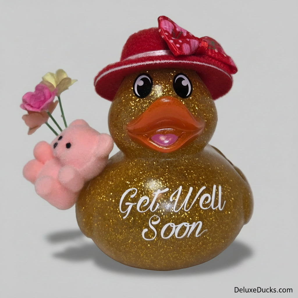 A glittery gold rubber duck with 'Get Well Soon' written on it, wearing a red hat and holding a small pink plush bear with flowers, set against a plain light gray background.